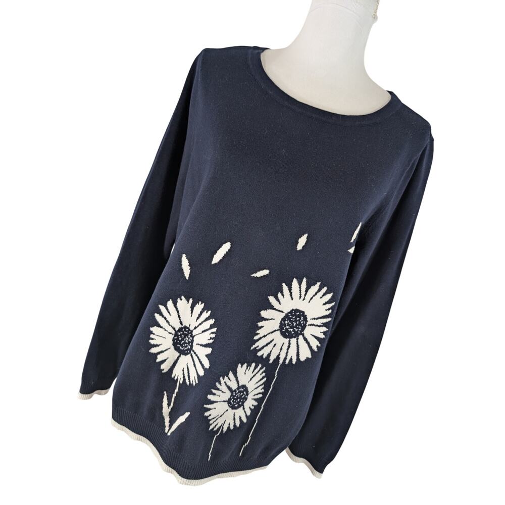 TALBOTS! NAVY BLUE & WHITE FLORAL THEMED, LONG SLEEVE, ROUND NECK SWEATER! SZ LP